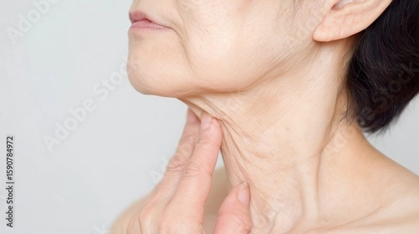 Obraz 首のたるみやシワを気にする60代女性