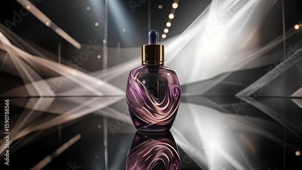 Fototapeta A sleek cosmetic mockup displayed on a reflective surface, featuring an elegant bottle with a liquid foil gradient. Soft LED lighting casts a warm glow, highlighting the intricate flowing lines of the