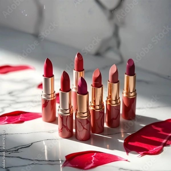 Fototapeta A highly stylized cosmetic mockup showcasing an array of vibrant, marbled lipsticks arranged artistically on a sleek marble surface. Each product is illuminated with soft, diffused lighting that highl