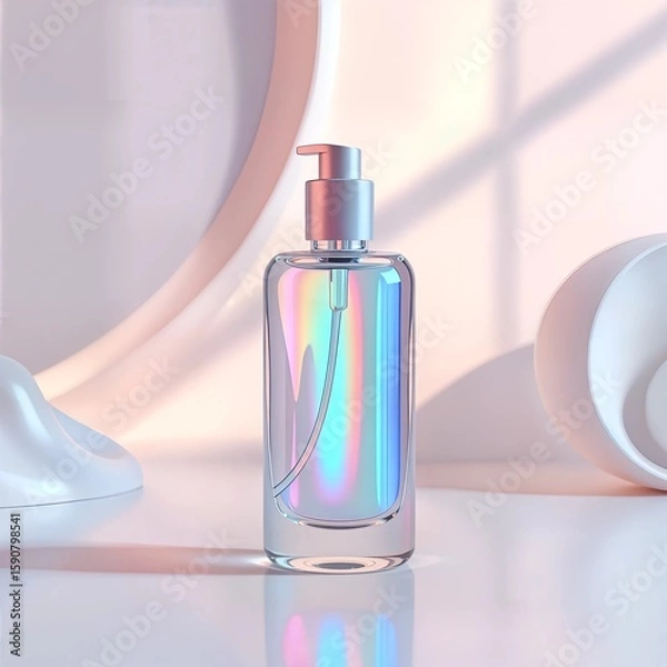 Fototapeta Create a hyper-realistic cosmetic mockup featuring a sleek glass bottle filled with iridescent liquid, reflecting a spectrum of pastel colors. The background should be an abstract mixture of soft grad