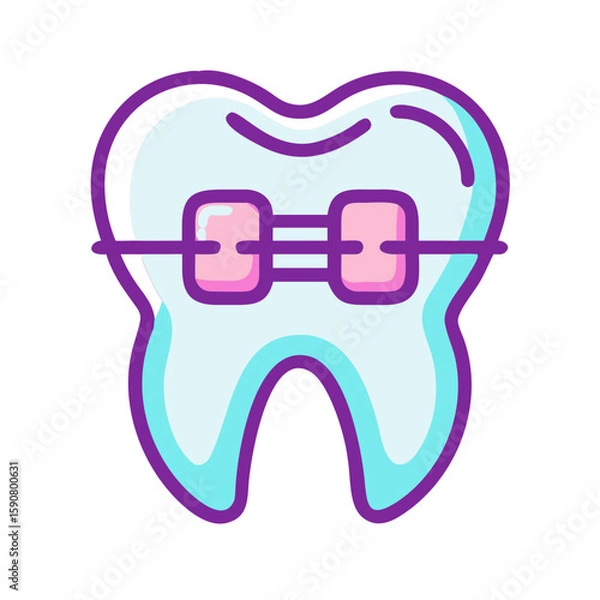 Obraz Human tooth with braces showing orthodontic treatment for dental health awareness and stomatology. Vector icon for dentistry clinic, website, mobile app