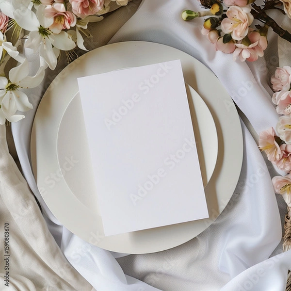 Fototapeta Beautiful wedding card mockup arranged on cloth with minimalistic props and cozy ambiance, perfect for branding romantic and creative invitation designs