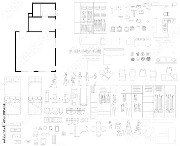 Fototapeta Vector Bedroom Suite Layout with Walk-in Closet and Furniture Arrangement in Framed Room Plan