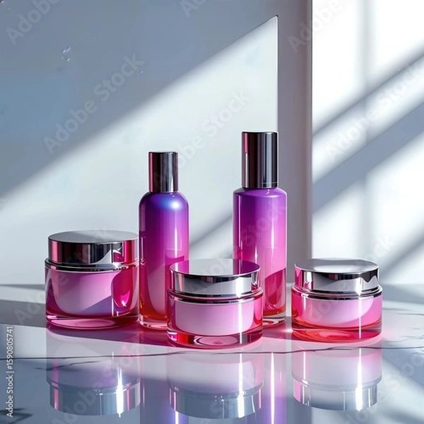 Fototapeta A sleek cosmetic mockup showcasing an innovative skincare line. The jars and bottles, crafted with liquid foil gradients, reflect luxurious hues on a minimalist marble surface. Gentle shadows enhance 