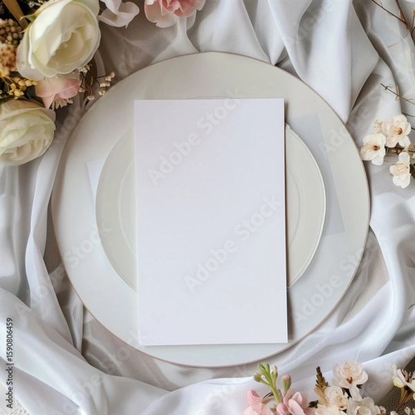 Fototapeta Romantic wedding invitation mockup set on fabric with dried floral elements and elegant tones, perfect for soft aesthetic presentation of invitation artwork