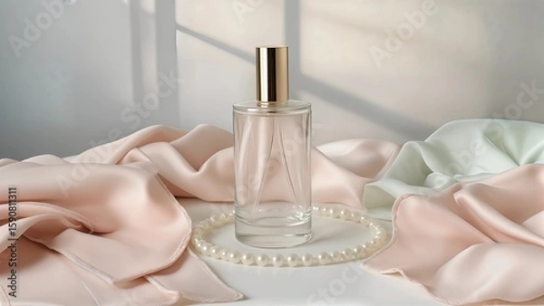 Fototapeta Create a high-end cosmetic mockup featuring an elegantly designed glass bottle with a translucent quality, reflecting soft pastel colors. Surround the bottle with an array of luxurious accessories lik