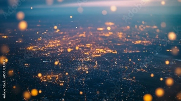 Fototapeta An aerial view of the city lights at night from the airplane window, a magical and dreamy moment. generative ai