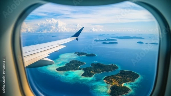 Fototapeta Aerial view from plane window, ocean and islands below, clear day, adventure concept, generative ai