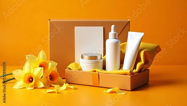Fototapeta Beautifully arranged skincare products and daffodils presented in an open gift box on a vibrant orange background