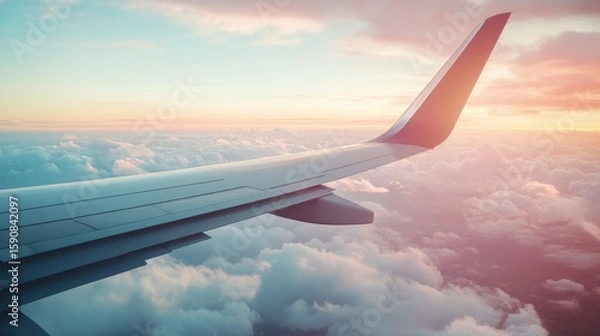 Fototapeta Airplane wing in close-up, against a beautiful sky, generative ai