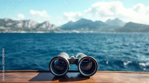 Fototapeta Binoculars on a cruise ship table with the sea in the background, a concept of exploration and adventure. generative ai