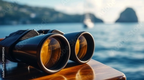 Fototapeta Binoculars on a cruise ship table with the sea in the background, a concept of exploration and adventure. generative ai