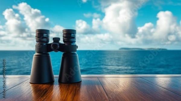 Fototapeta Binoculars on a cruise ship table with the sea in the background, a concept of exploration and adventure. generative ai