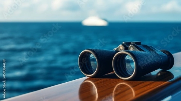 Fototapeta Binoculars on a cruise ship table with the sea in the background, a concept of exploration and adventure. generative ai