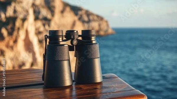 Fototapeta Binoculars on a cruise ship table with the sea in the background, a concept of exploration and adventure. generative ai