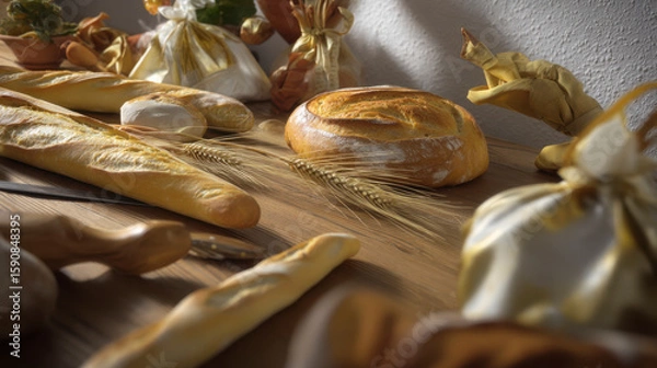 Fototapeta A variety of breads and pastries on an old wooden table, with wheat stalks in the background.