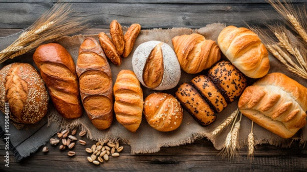Fototapeta A variety of breads and pastries on an old wooden table, with wheat stalks in the background.