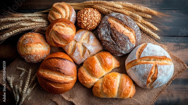 Fototapeta A variety of breads and pastries on an old wooden table, with wheat stalks in the background.