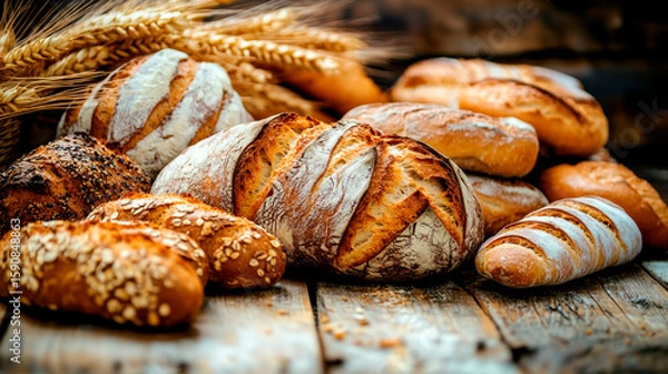 Fototapeta A variety of breads and pastries on an old wooden table, with wheat stalks in the background.