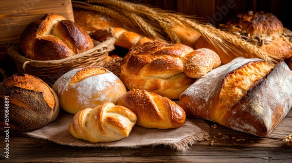 Fototapeta A variety of breads and pastries on an old wooden table, with wheat stalks in the background.
