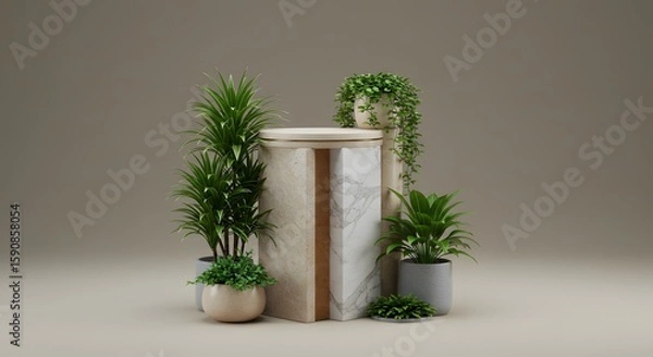 Fototapeta Marble-textured pedestal surrounded by various potted green plants, creating a natural and decorative display against a neutral background.