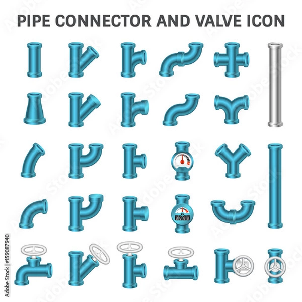 Fototapeta Pipe icon and flange fitting. Include control valve and pressure gauge. For pipeline construction and transportation liquid or gas i.e. oil, natural gas. Also for sewage, plumbing and irrigation.