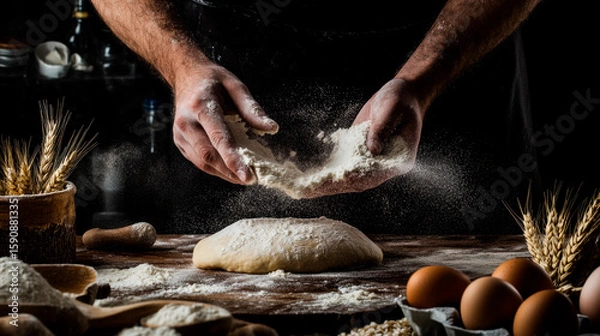 Fototapeta A man's hands dusting flour on dough, surrounded by eggs and wheat stalks, set against an isolated black background.