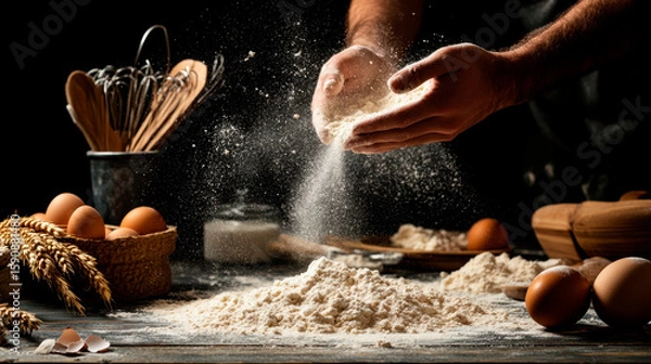 Fototapeta A man's hands dusting flour on dough, surrounded by eggs and wheat stalks, set against an isolated black background.