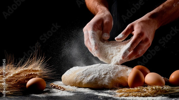 Fototapeta A man's hands dusting flour on dough, surrounded by eggs and wheat stalks, set against an isolated black background.