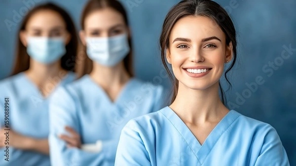 Fototapeta Smiling Healthcare Professionals in Scrubs with Focused Team Members