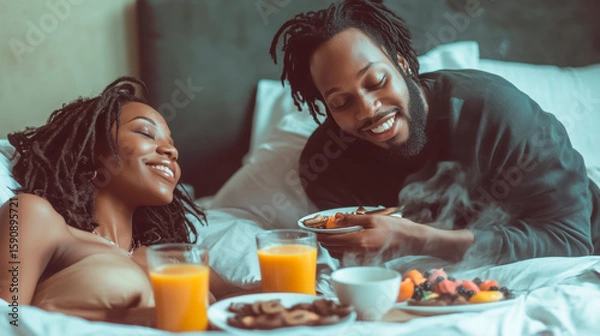 Fototapeta A man is holding breakfast in bed for his wife, who smiles and looks at him with joy as she sits up from the bed.