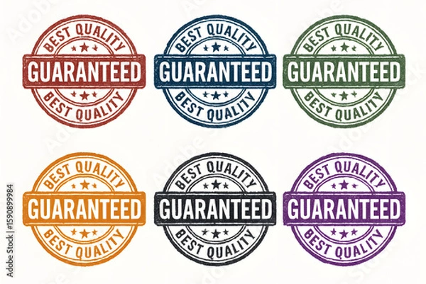 Fototapeta Guaranteed Quality Seals: A set of six colorful seals showcasing 'Guaranteed Best Quality' messaging. Perfect for adding a touch of authenticity and trust to your design projects.