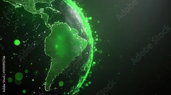 Fototapeta Green Abstract Map of South America with Digital Particles Overlay