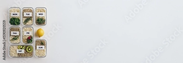 Fototapeta banner weekly healthy meal prep with grains and greens in labeled containers — minimalist top view with bright light and copy space on the right