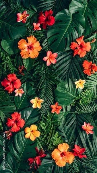 Fototapeta Vibrant tropical flowers and leaves