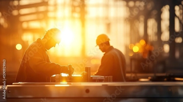 Fototapeta Workers in Hard Hats Constructing Industrial Project at Sunset