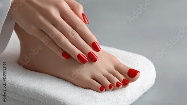 Obraz red pedicure and manicure (close up)