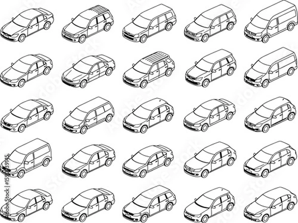 Fototapeta Isometric Car Line Art Seamless Pattern on White Background for Design