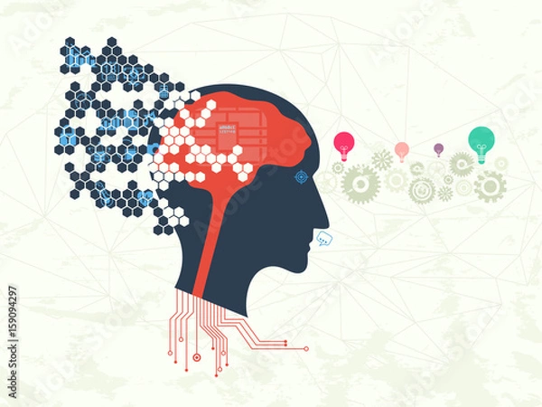 Obraz Data technology and machine learning concept. Information data flow into artificial intelligence head with electronics circuit from bottom. Cogs and light bulb on background.