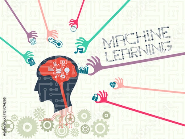 Obraz Data technology and machine learning concept. Many hands putting information data into artificial intelligence head with some database inside the head and wording.