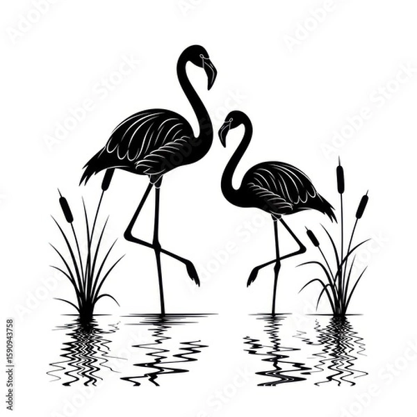 Fototapeta Flamingo silhouettes are reflected in the water, isolated on white background