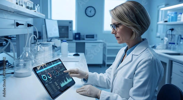 Obraz Scientist Analyzing Data on Tablet Device.