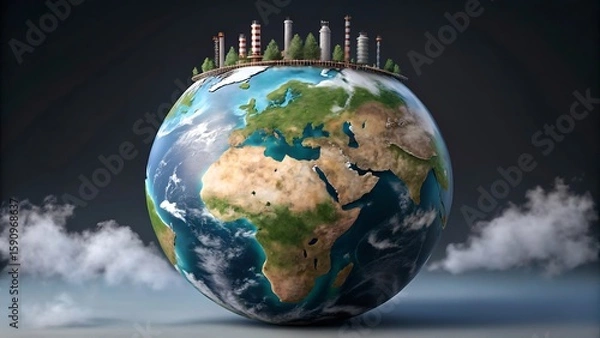 Fototapeta Earth with industrial factories and trees planet globe