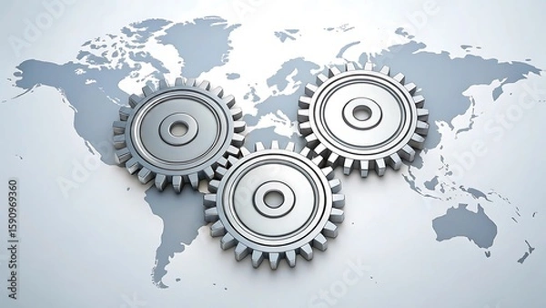 Fototapeta Global gears interlocking on world map interconnected