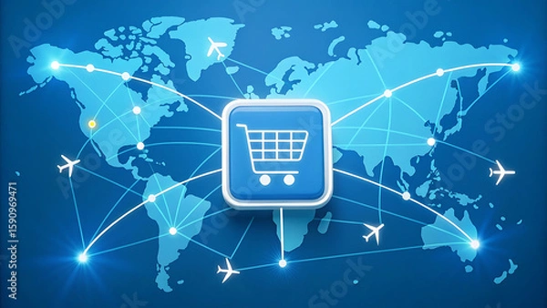 Fototapeta Global shopping cart network shopping cart icon world map