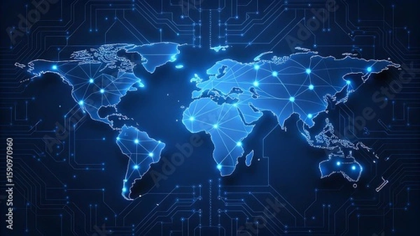 Fototapeta Glowing world map connected by blue lights global network