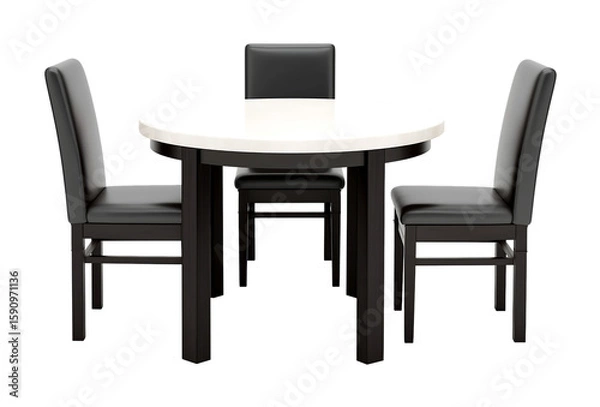 Fototapeta Dining table with black legs and a white circular tabletop, three chairs placed around it isolated on a transparent background
