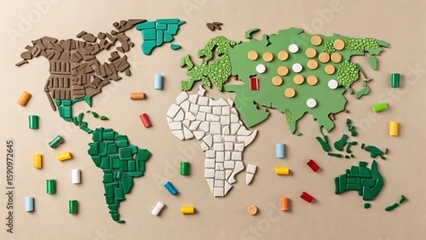 Fototapeta World map mosaic colorful pieces continents geography