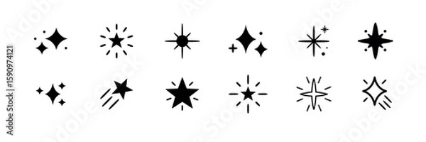 Fototapeta Set of 12 black star icons. Various star shapes, each unique. Perfect for design projects. Star icons for creative use. Diverse star designs. Festive element set. Vectors.