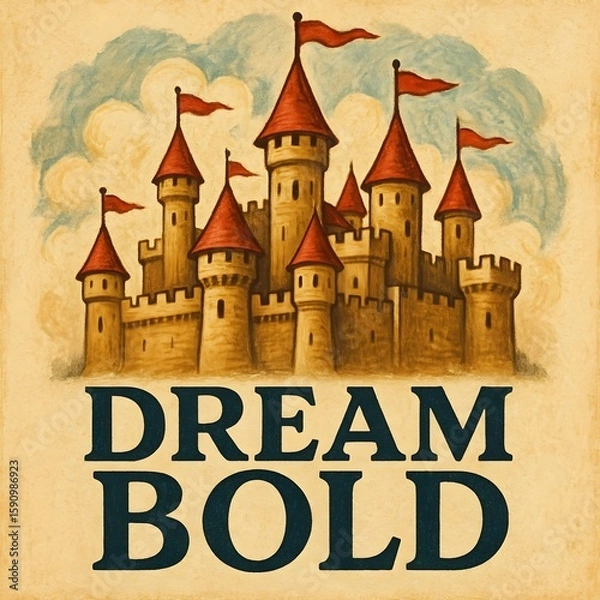 Fototapeta A majestic medieval castle with red flags stands tall against a backdrop of swirling clouds, evoking a sense of fantasy and adventure